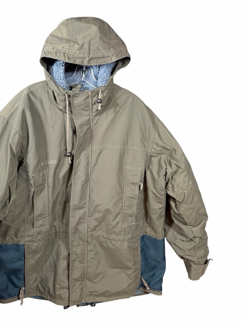 Columbia Olive Green Hooded Field Jacket with Dark Blue Panels